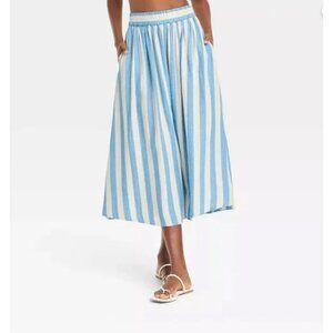 A New Day Midi Skirt LARGE Linen Blend Blue White Striped Elastic Waist NEW